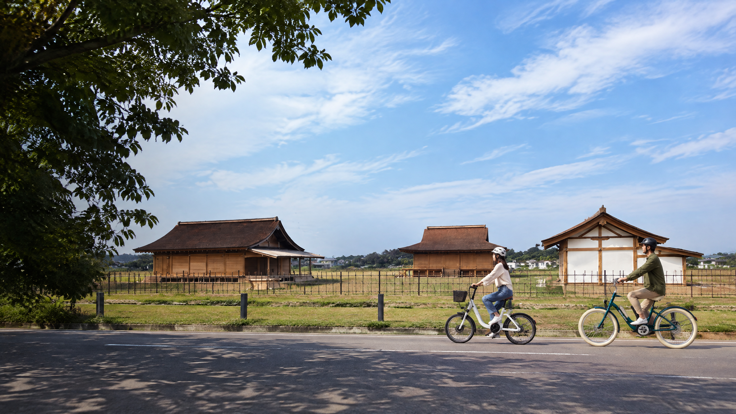斎宮平安の杜の前を通る公道を電動アシスト自転車で走る明和町レンタサイクル